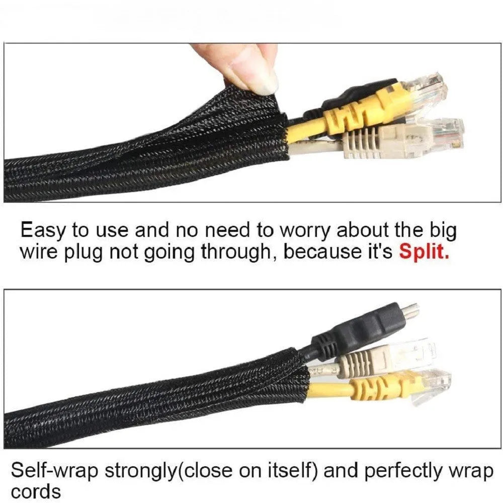 Black self-winding polyester mesh sleeve for protecting automotive wires and cables.