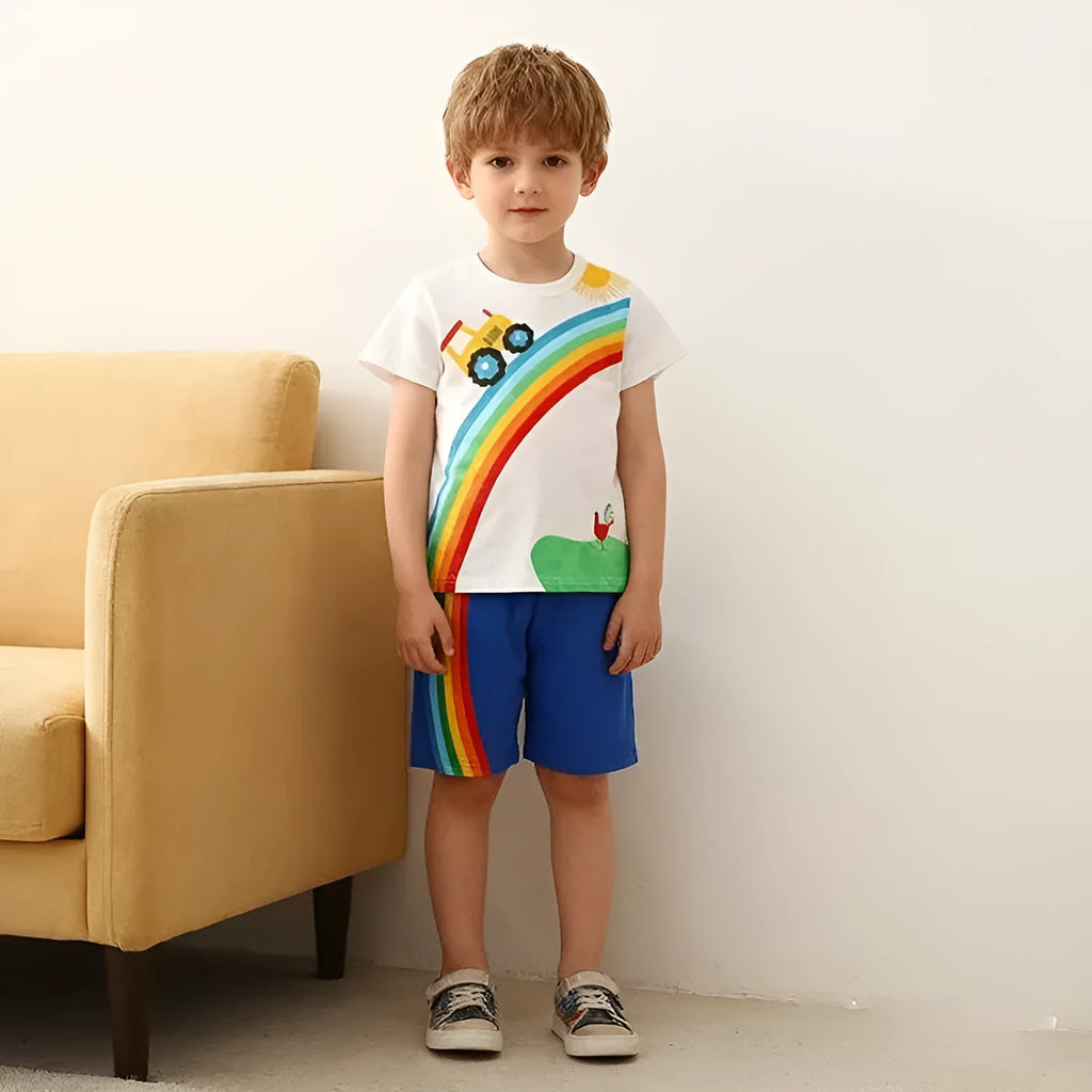 Cotton Rainbow Short Sleeve Summer Baby Boys Suit Two-Piece Set European and American Style Ivory White 2T to 7T for Toddler Kids Blouse and Shorts