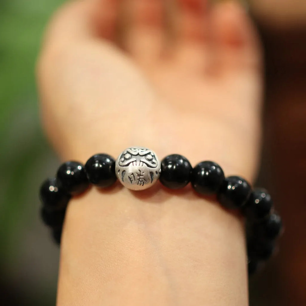 Women's black agate bracelet with 10mm beads and sterling silver clasp