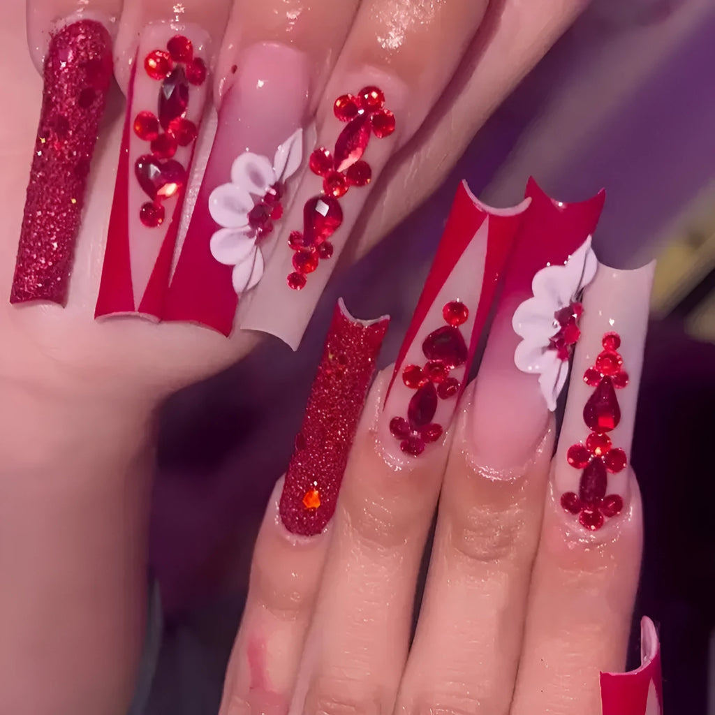 Sweet floral pattern artificial nails with red diamond decoration in European square long shape