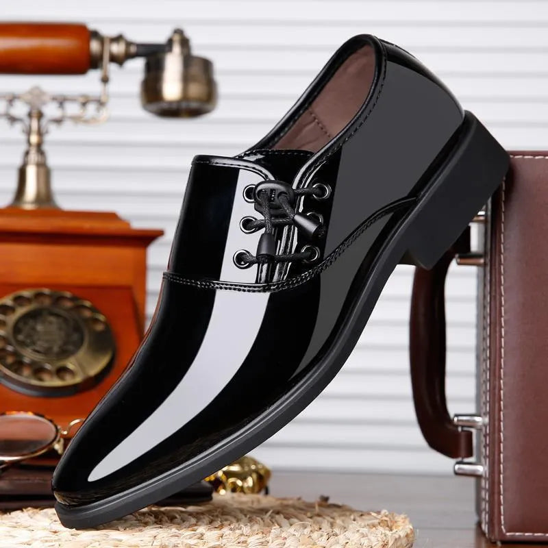 Men's black formal business shoes with artificial PU upper, rubber sole, square heel and round toe