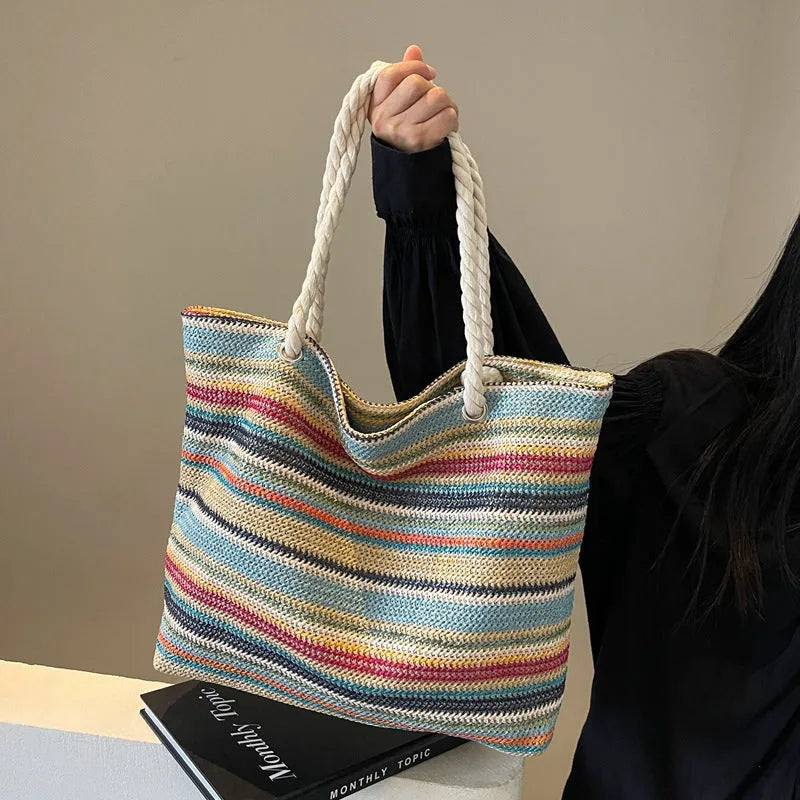 Blue straw woven nylon shoulder bag with large capacity and polyester lining