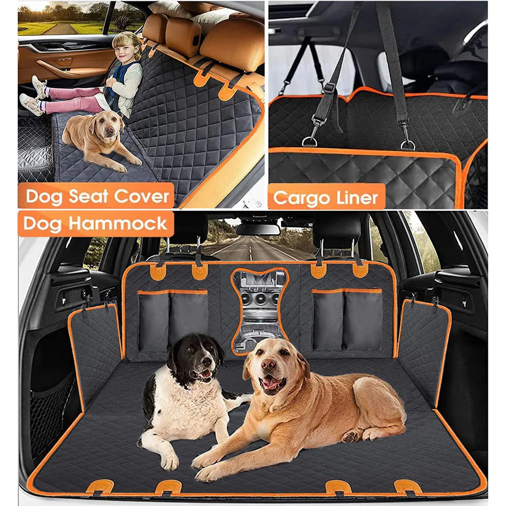 Black dog car seat cover with orange edging, showing mesh window and storage pocket on rear seat