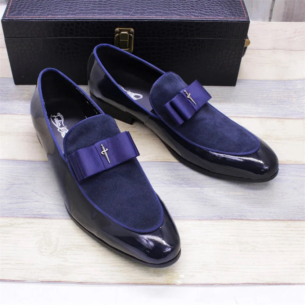 Men's low-top patent leather shoes with tassel detail in black, blue, brown, or red colours.