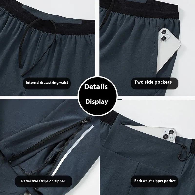 Men's loose quick-drying polyester sports trousers in navy blue, mid-waist with an American style cut for running and fitness