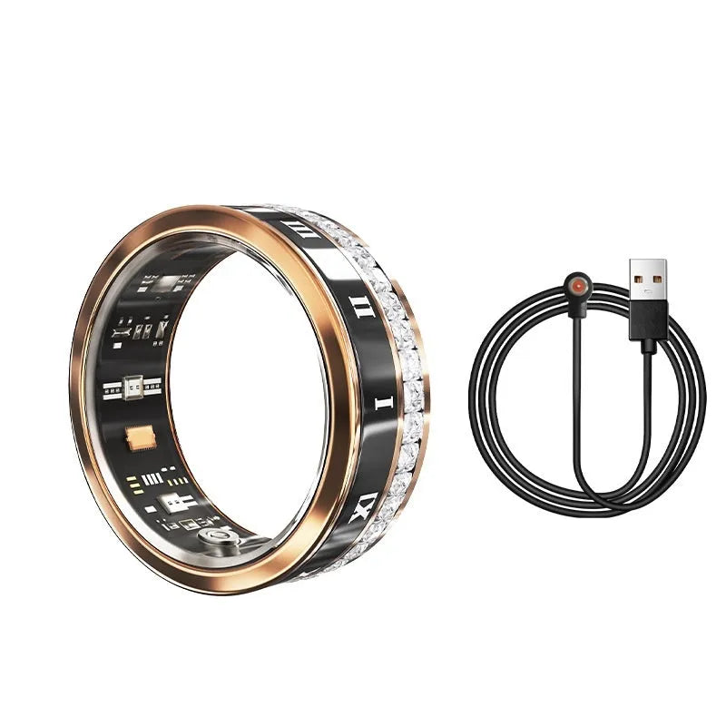 Silver and gold smart ring with diamond inlay showing blood oxygen monitoring functionality