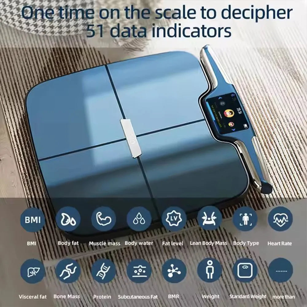 Black eight-electrode intelligent body fat scale on a floor