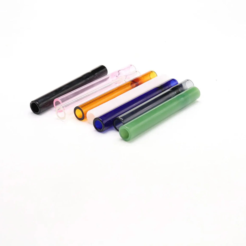 Clear glass telescopic smoking pipe with straight suction nozzle on a white background