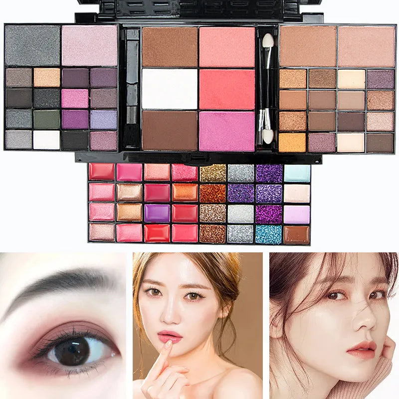 74 colour makeup palette open showing eyeshadow, lip gloss, blush and contour powders with brush and applicator