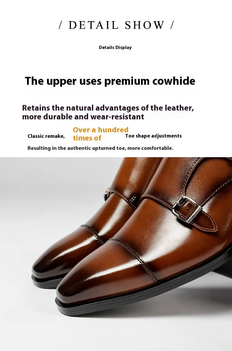 Men's black and light brown leather shoes with square toe and low top design for business wear