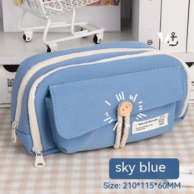 Green Korean-style canvas pencil case with zip, large enough to hold 80 pens.