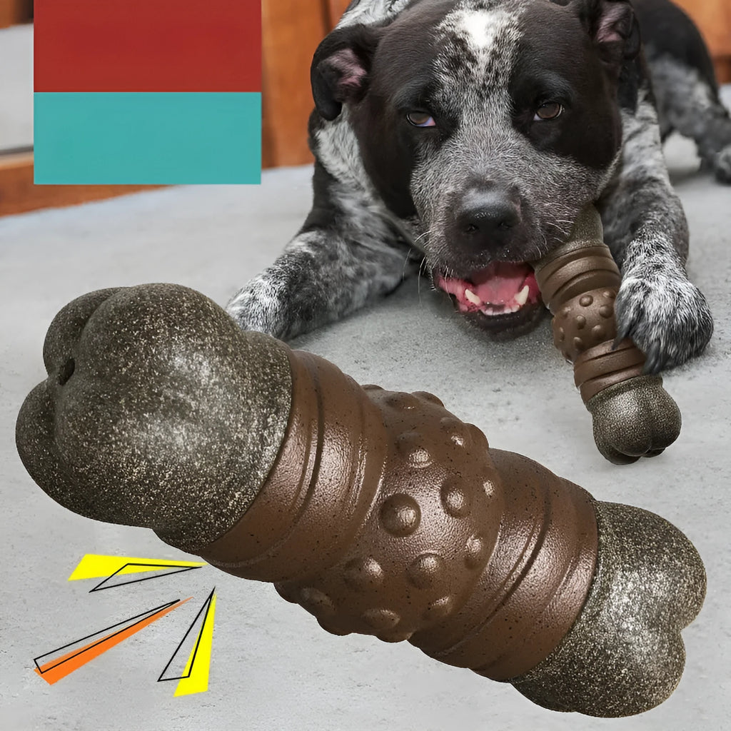 Wood colour plastic dog dental bone toy with integrated molar rod for teeth cleaning