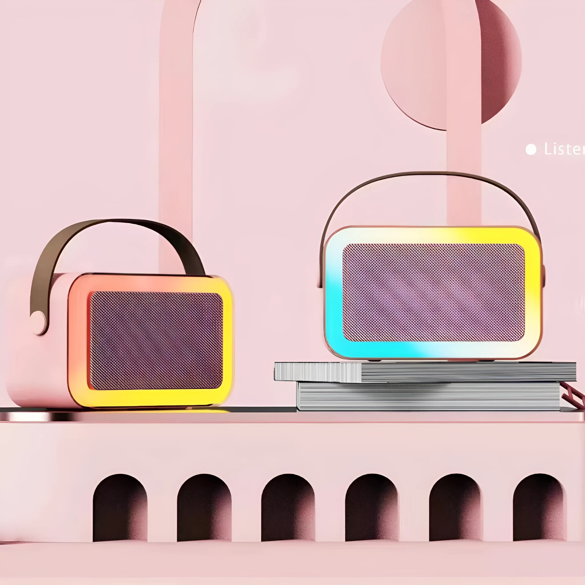 Portable Bluetooth karaoke speaker in white, pink, or sky blue colour with microphone function