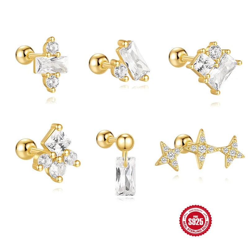 S925 sterling silver flower-shaped stud earrings with square gravel detailing in gold electroplated finish