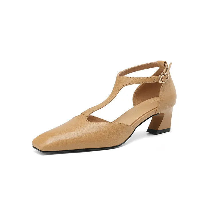 Wine red retro women's shoes with square toe, chunky heel, buckle closure and sewing lines on sheepskin leather.