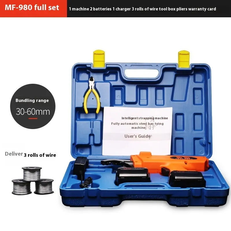 Electric steel bar tying machine with battery and toolbox for construction site rebar work