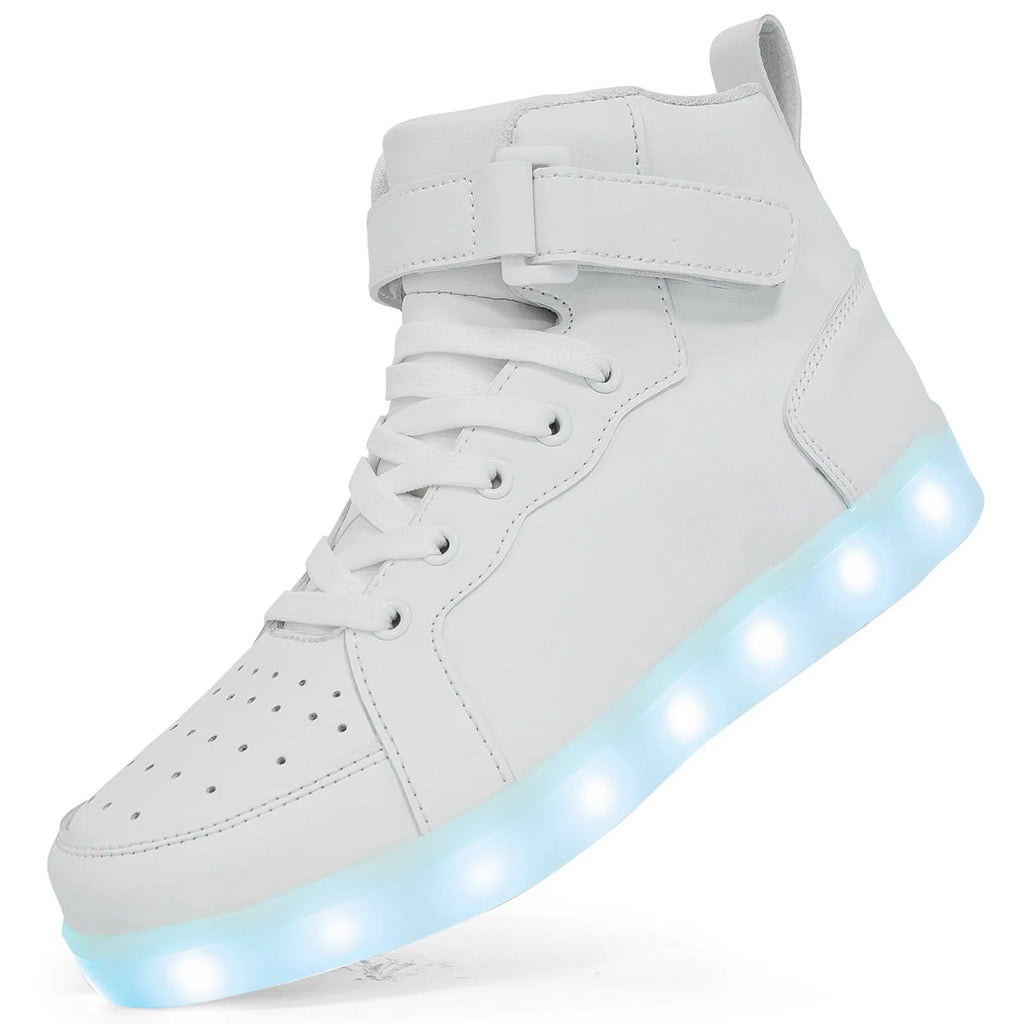 Rechargeable LED light-up high-top board shoes with Velcro closure in black, gold, and white colours