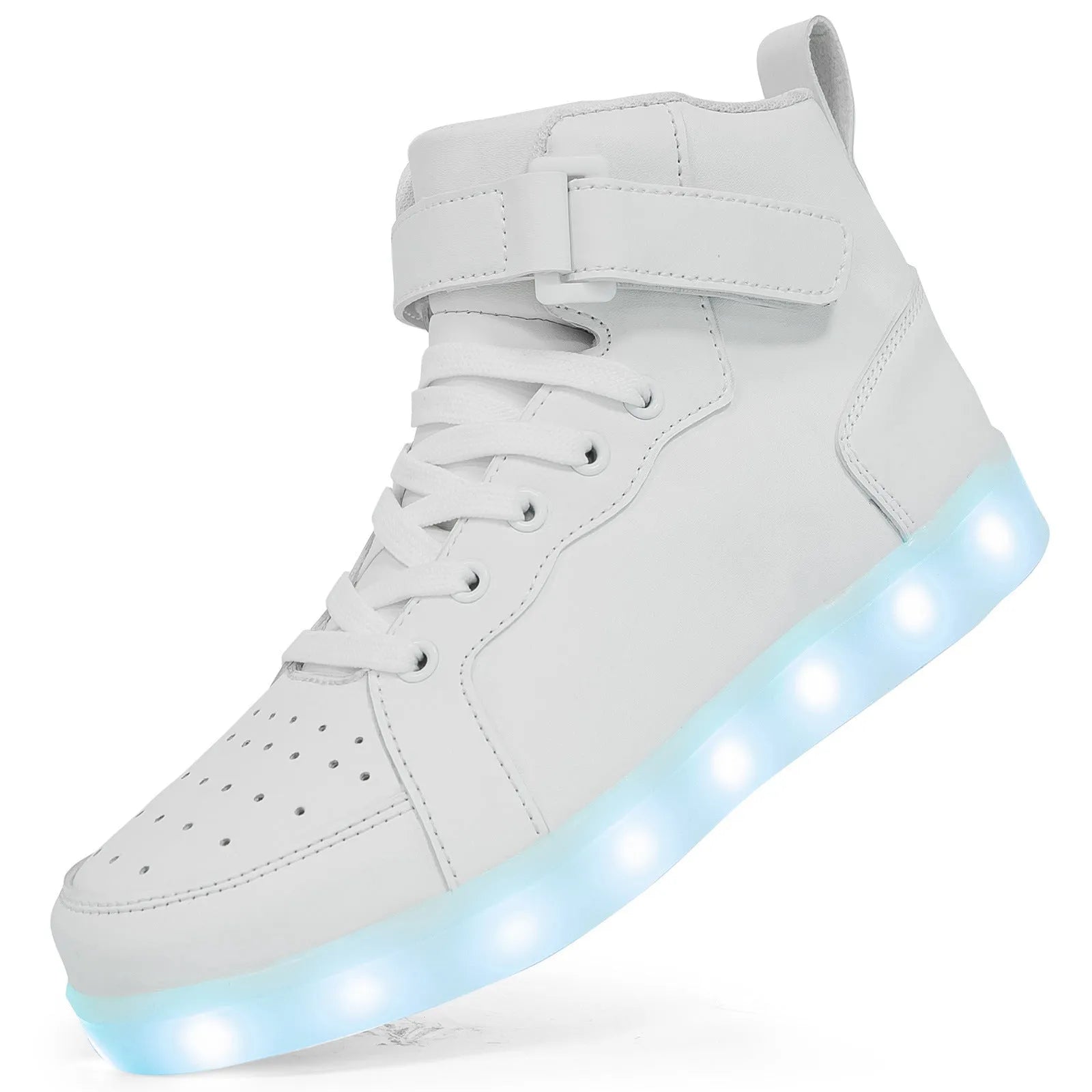 Rechargeable LED light-up high-top board shoes with Velcro closure in black, gold, and white colours