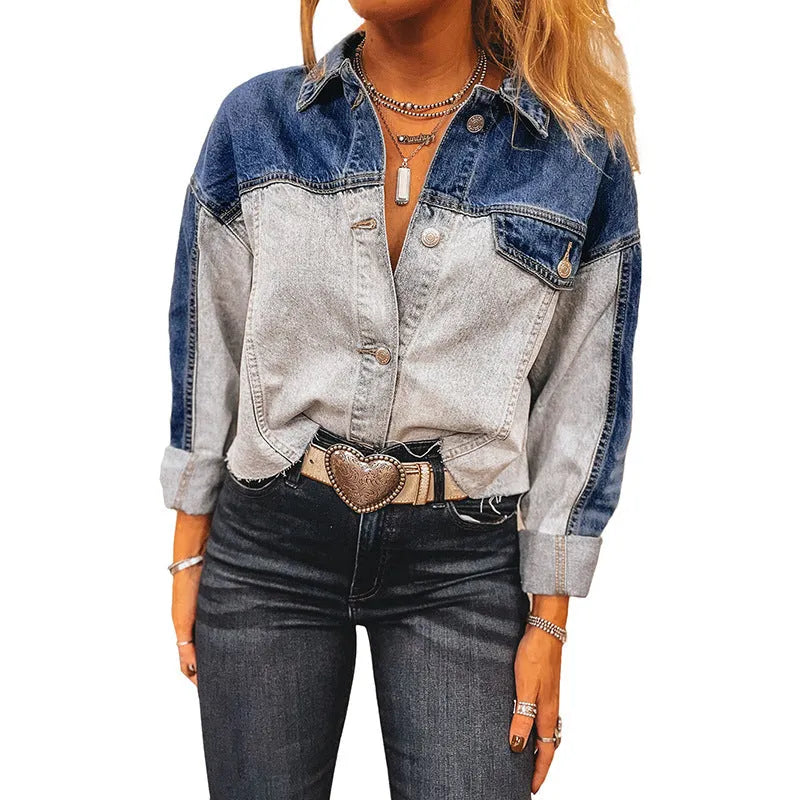 Women's loose fit denim coat with multi-buckle front fastening in casual style