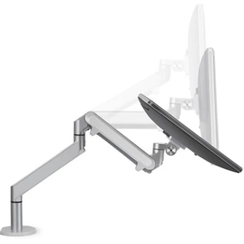 Black aluminium laptop stand with adjustable air pressure arm holding a notebook computer
