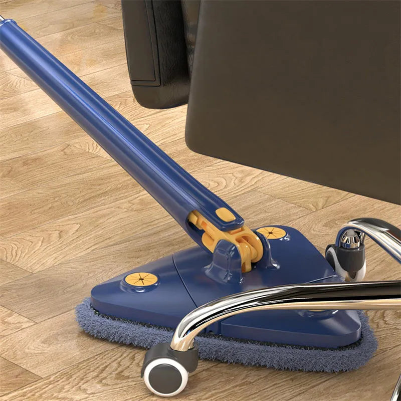 Blue extendable triangle mop with rotating head and adjustable stainless steel pole for corner cleaning