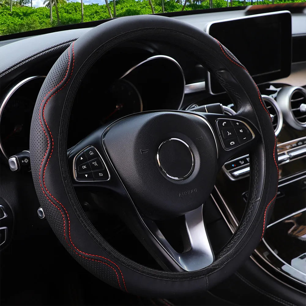 Elastic PU leather steering wheel cover with embossed corrugated pattern, shown in multiple colour options.