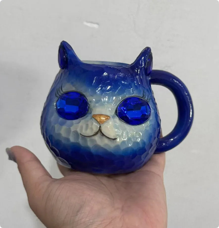 Resin crystal earth cat cup desk ornament in purple, green, blue, or pink colour with base