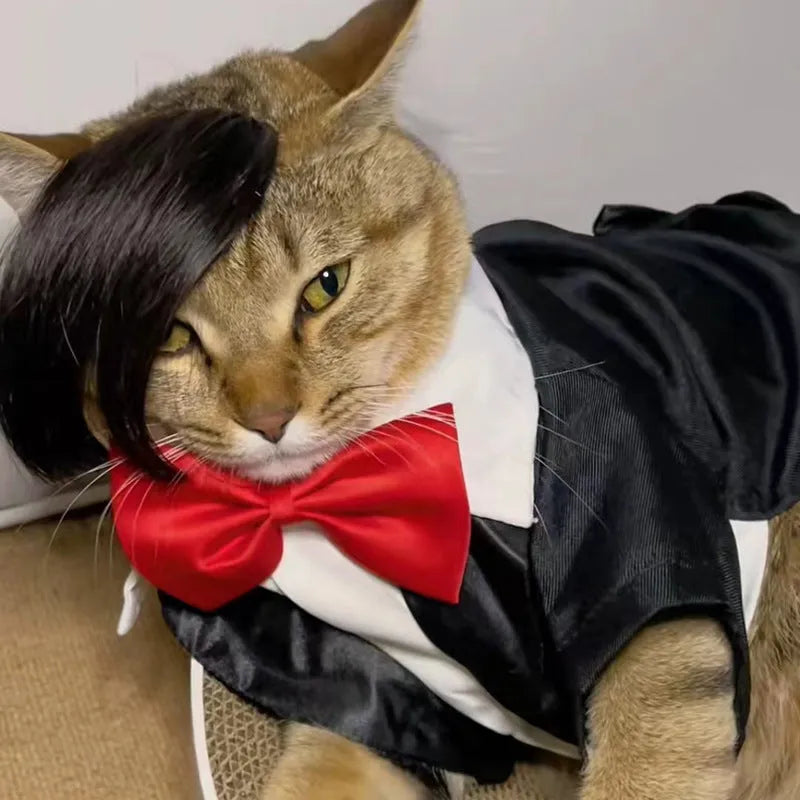 Black polyester cat wig styled as an imitation braid for pet dress-up.