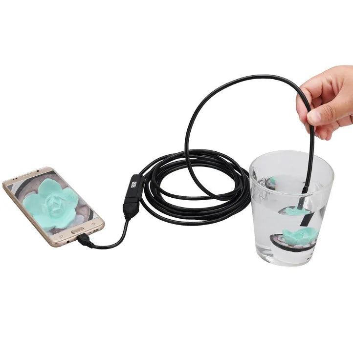 OWSOO USB endoscope camera with 5m cable, 6 LED lights, and attachments including a hook and magnet