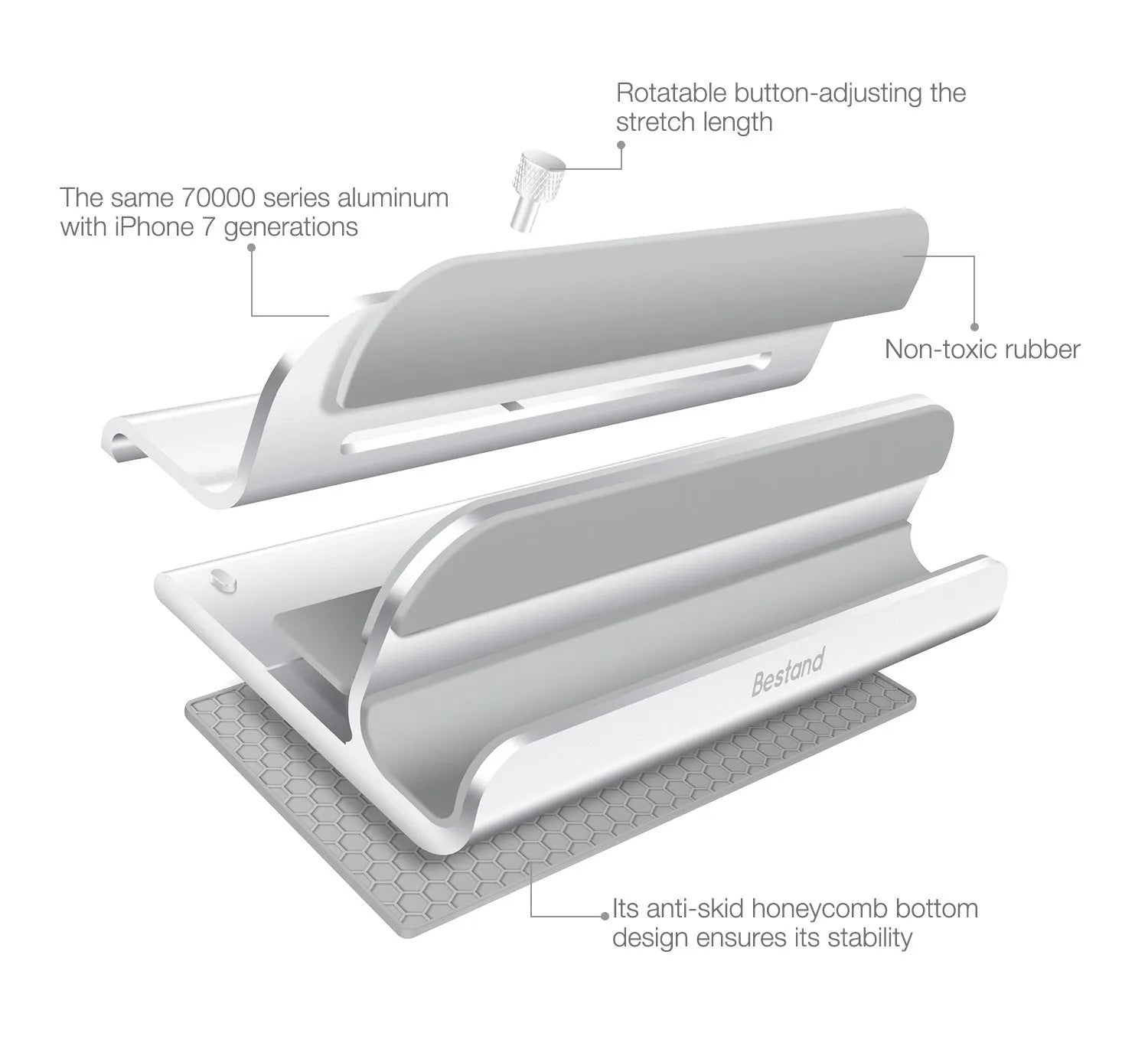 Silver aluminium alloy tablet computer bracket on a desktop