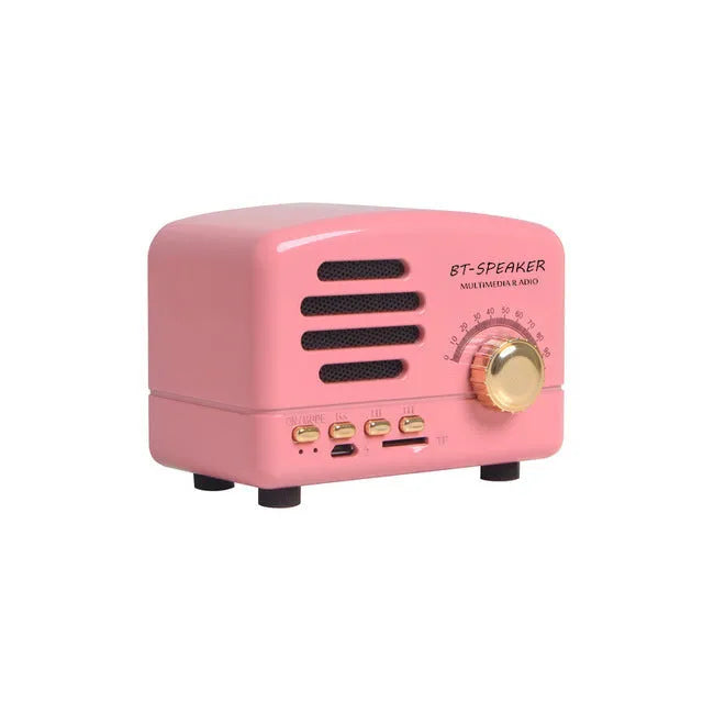 Compact vintage wood finish Bluetooth speaker in black, pink, or wood grain colour