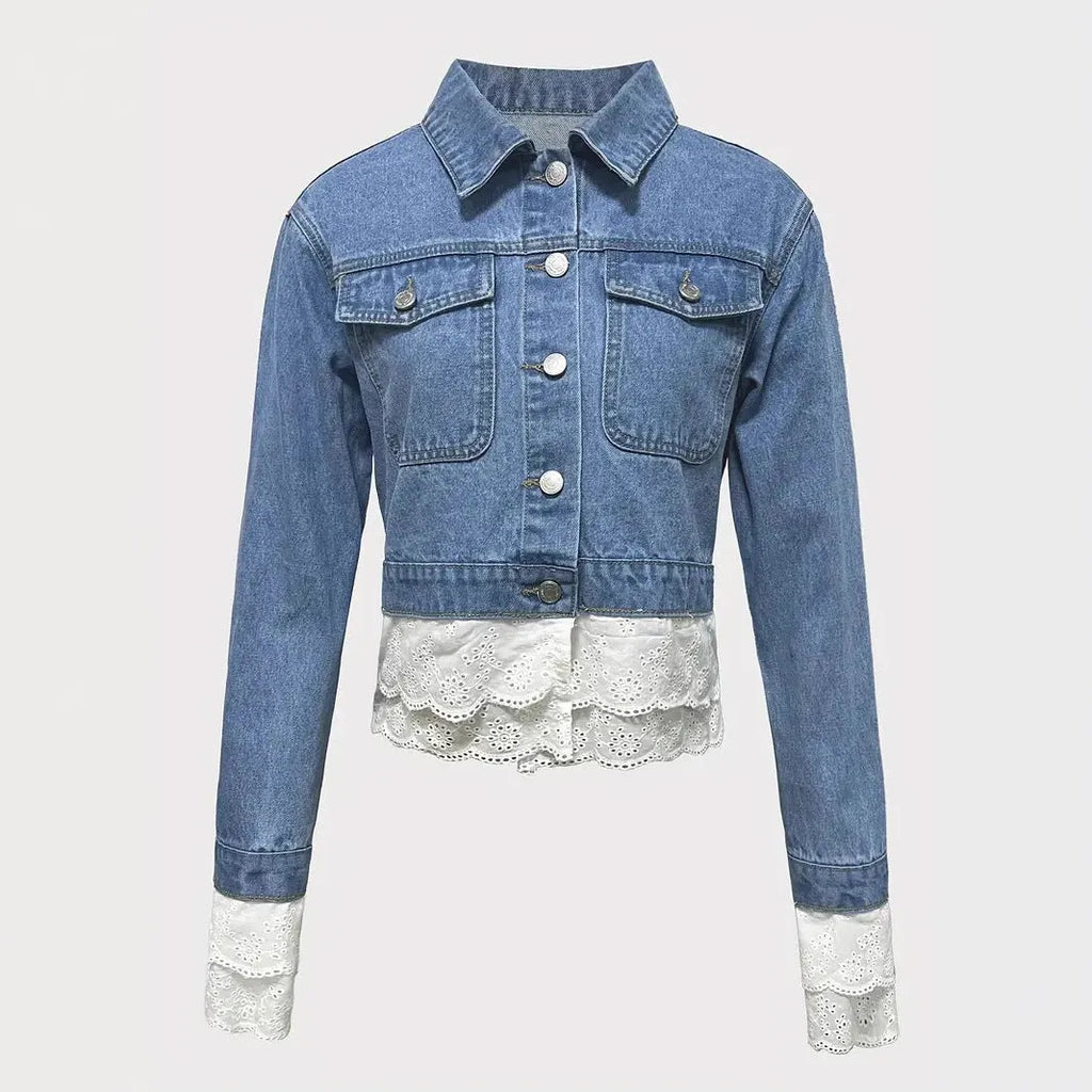 Blue denim jacket with lace stitching decoration, long sleeves, adult lady style