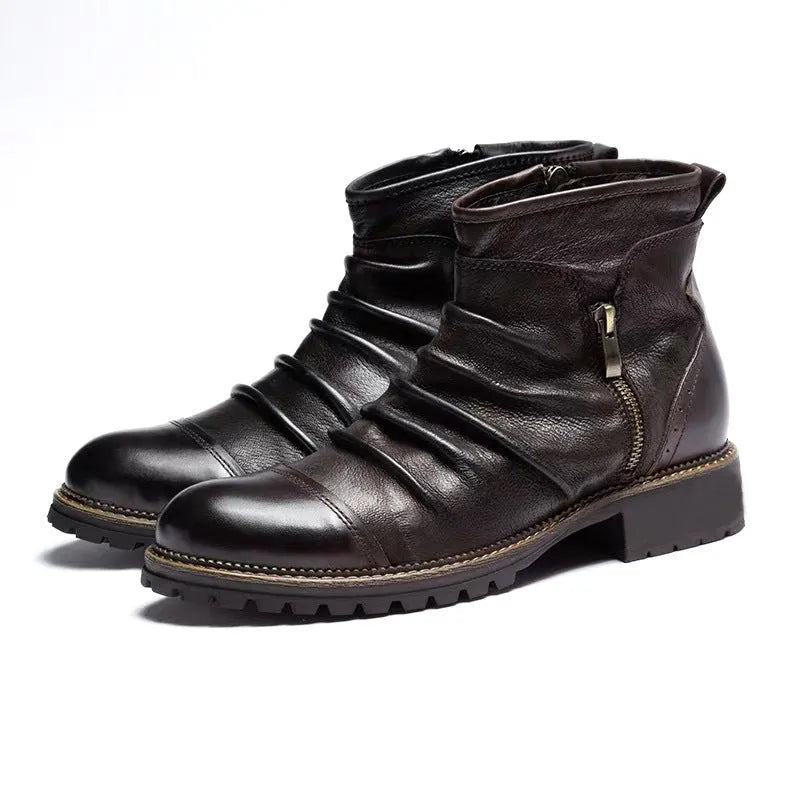 Mid-calf black cowboy boots with side zipper and embossed leather-like finish