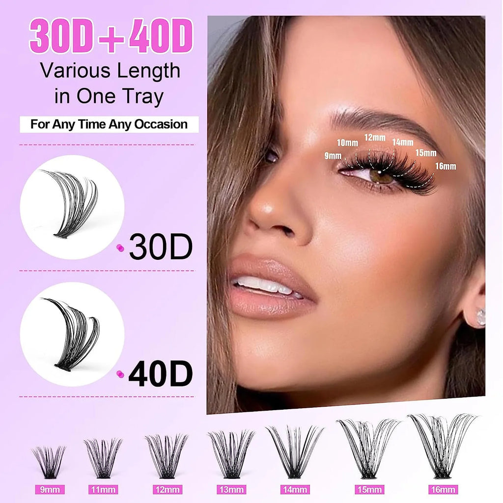 DIY cluster lashes mixed package showing 30D and 40D false eyelashes in 9-16mm lengths with application tweezers