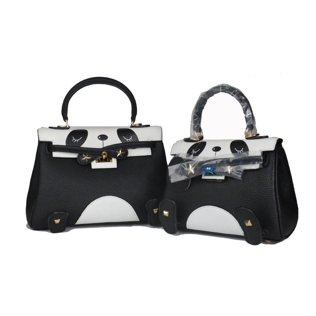 Panda print cow leather women's handbag in horizontal square shape, two size options shown.