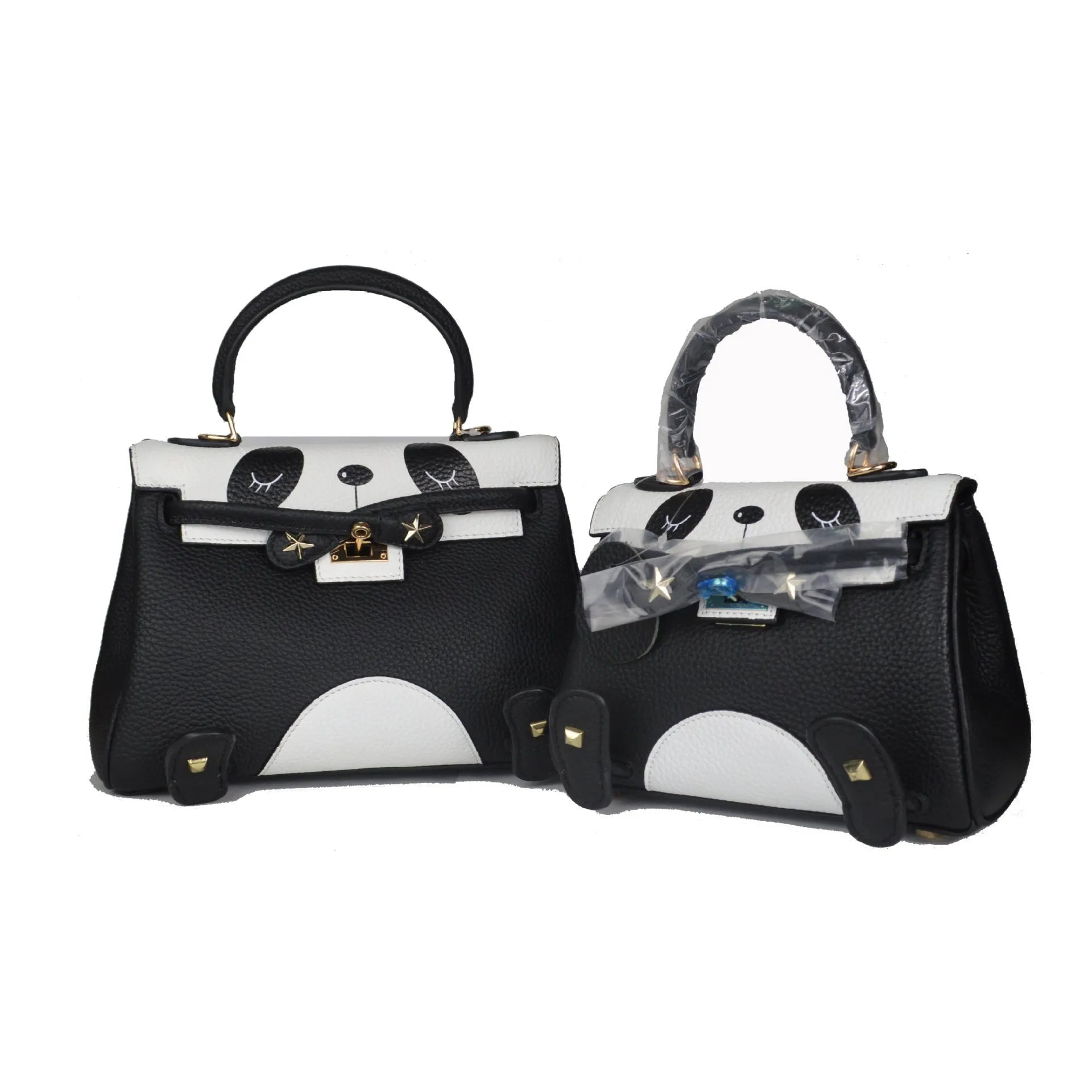 Panda print cow leather women's handbag in horizontal square shape, two size options shown.