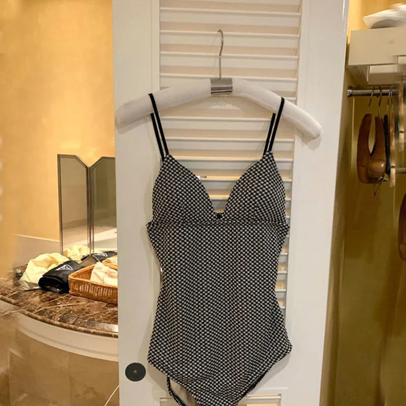 Blue one-piece swimsuit for small chest women with belly coverage