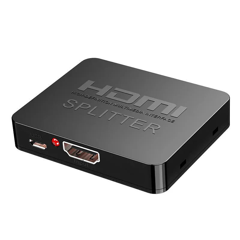 HDMI splitter distributing one 4K source to two outputs with USB power cable