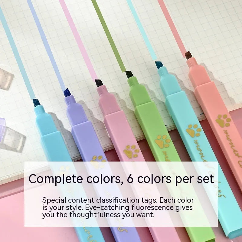 Cat's Paw fluorescent marking pen set showing six coloured pens with oblique nibs in a gift box.