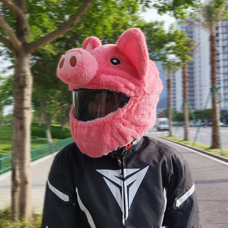 Pink pig cartoon design motorcycle helmet protective hood made from plush PV velvet cloth