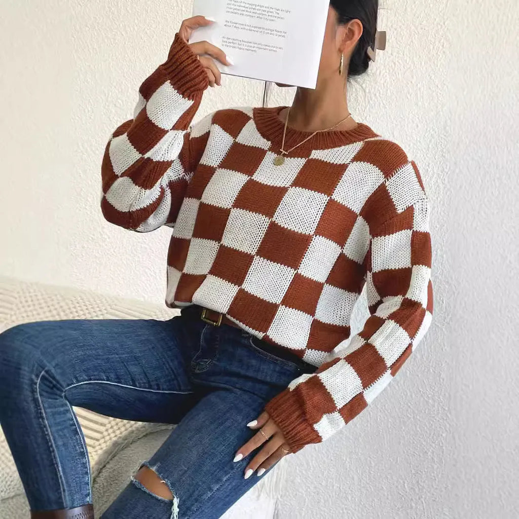 Dark brown plaid acrylic pullover sweater with loose round neck and long sleeves in Japanese casual style