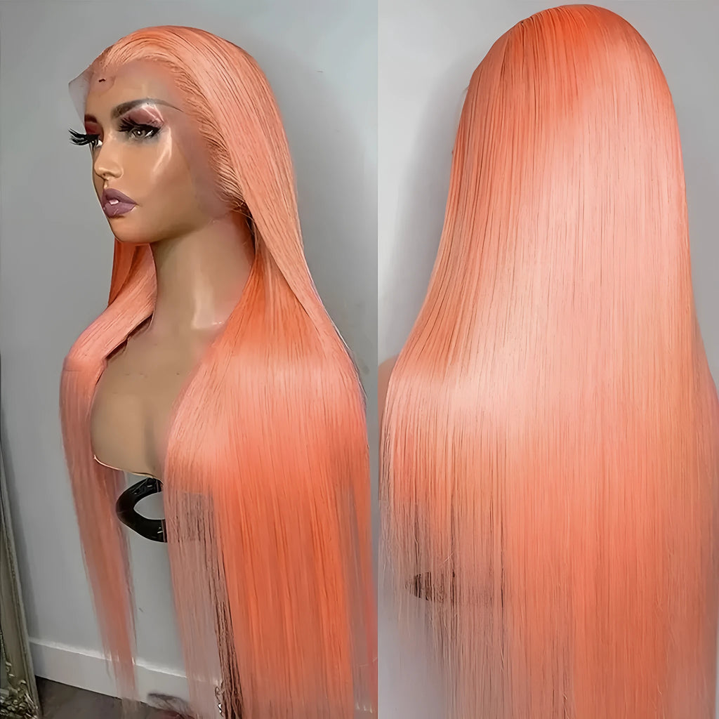 Light orange long straight synthetic wig with front lace and side bangs on a mannequin head.