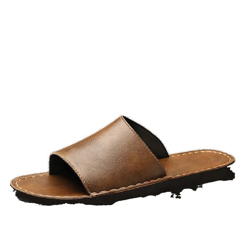 Men's brown leather sandals with adjustable straps and a rubber sole for outdoor casual wear.