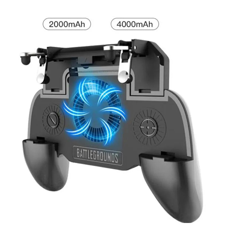 Black USB mobile game controller for smartphones with aluminium alloy details and ergonomic grip.