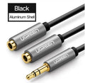Short 20cm black 3.5mm audio cable with gold-plated plugs for connecting headphones to audio devices.