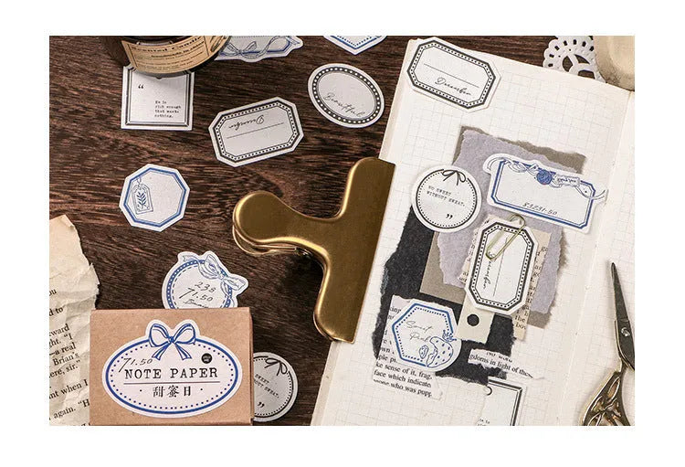 Mini label sheets in retro hand-account style, 62x45mm, 45 sheets in Kraft box with Butterfly Island colour design