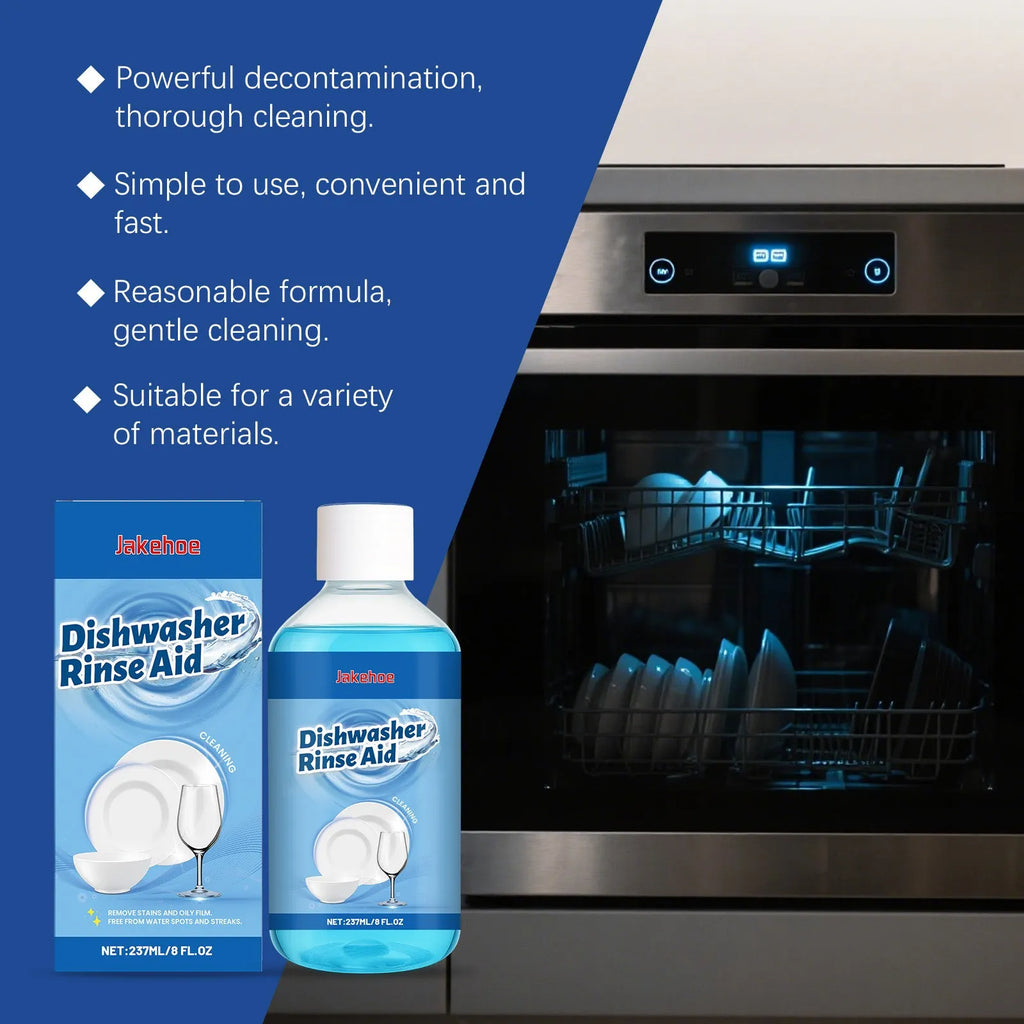 237mL bottle of dishwasher detergent cleaning aid for plates and kitchenware.