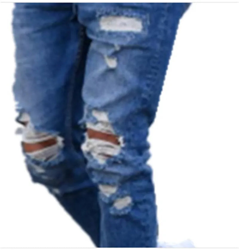 Men's deep blue cotton jeans with distressed holes, showing front and back views