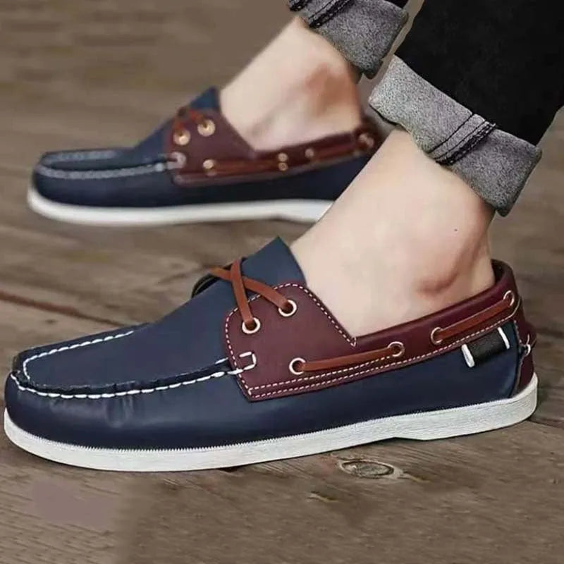 Men's British style casual shoes in artificial PU with round toe and flat heel, shown in solid colour options.