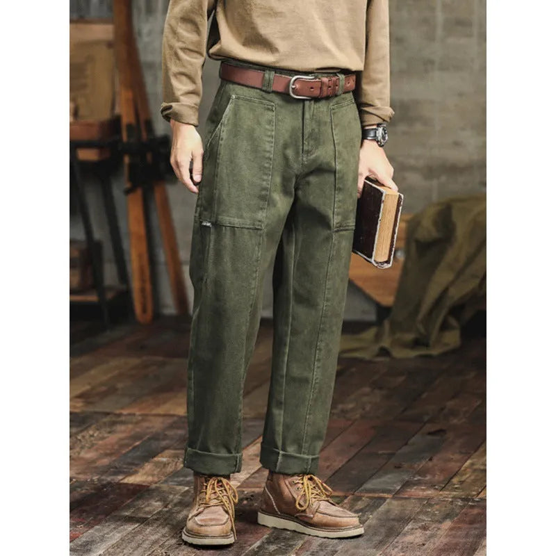 Retro army green casual men's loose straight cotton cargo pants with mid waist